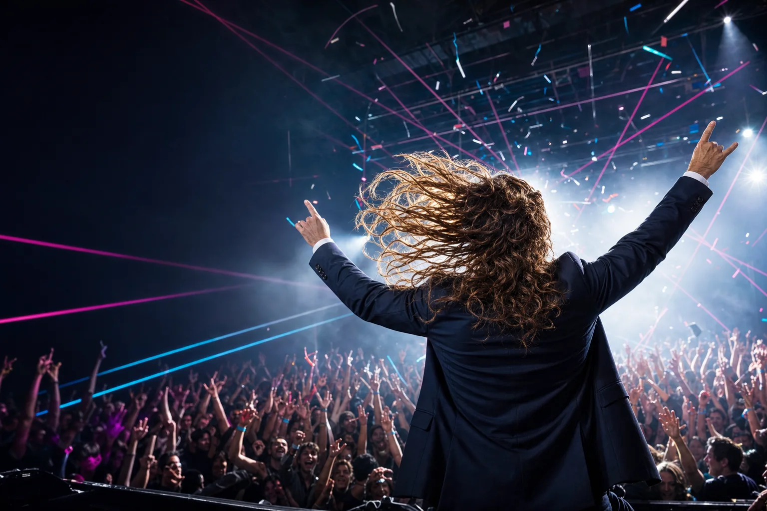 The same executive seen from behind on stage at a packed club, mullet flying, confetti and lasers everywhere